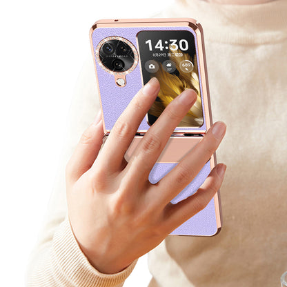 For Oppo Find N3 Flip 5G Drop-proof PU Leather+PC Case Anti-fingerprint Electroplating Phone Cover