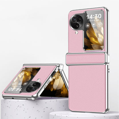 For Oppo Find N3 Flip 5G Hinge Design PU Leather Coated PC Case Electroplating Litchi Texture Phone Cover