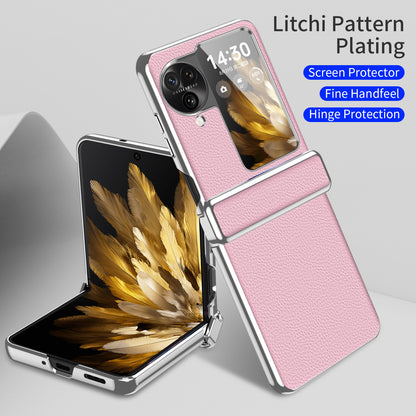 For Oppo Find N3 Flip 5G Hinge Design PU Leather Coated PC Case Electroplating Litchi Texture Phone Cover