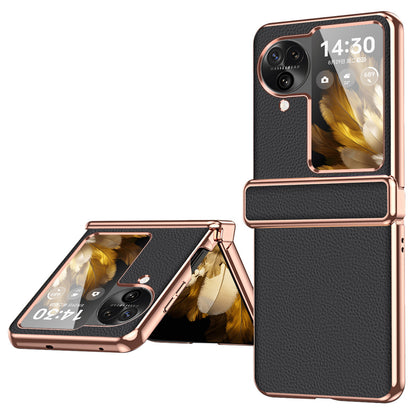 For Oppo Find N3 Flip 5G Hinge Design PU Leather Coated PC Case Electroplating Litchi Texture Phone Cover