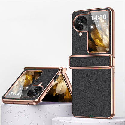 For Oppo Find N3 Flip 5G Hinge Design PU Leather Coated PC Case Electroplating Litchi Texture Phone Cover