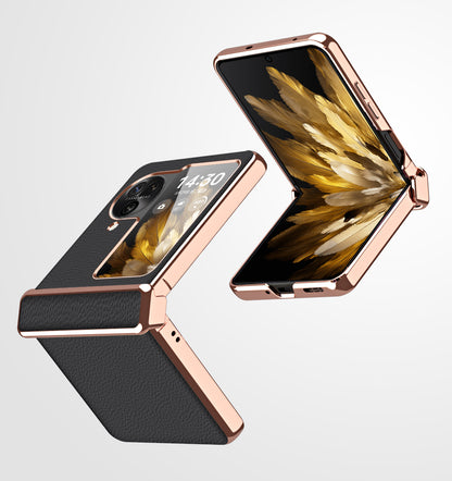 For Oppo Find N3 Flip 5G Hinge Design PU Leather Coated PC Case Electroplating Litchi Texture Phone Cover