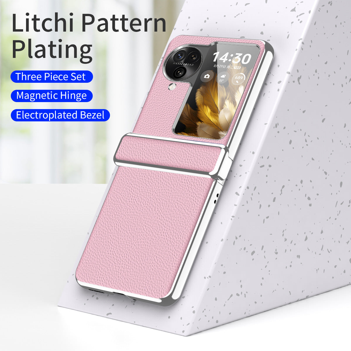 For Oppo Find N3 Flip 5G Hinge Design PU Leather Coated PC Case Electroplating Litchi Texture Phone Cover