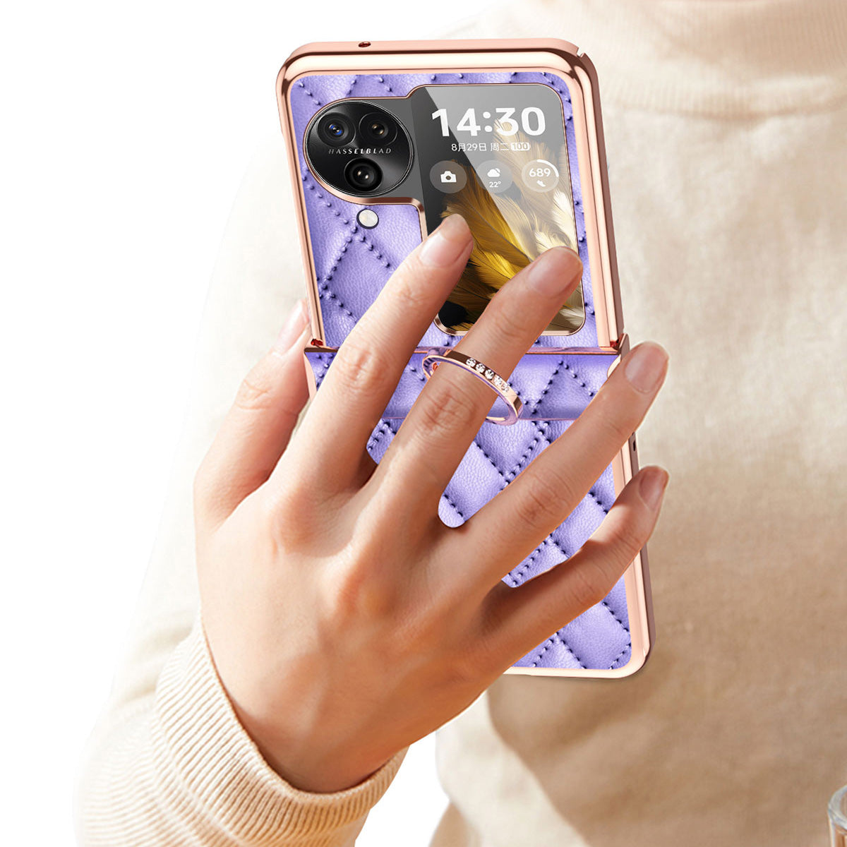 For Oppo Find N3 Flip 5G PU Leather Coated PC Case Electroplating Rhombus Pattern Kickstand Phone Cover