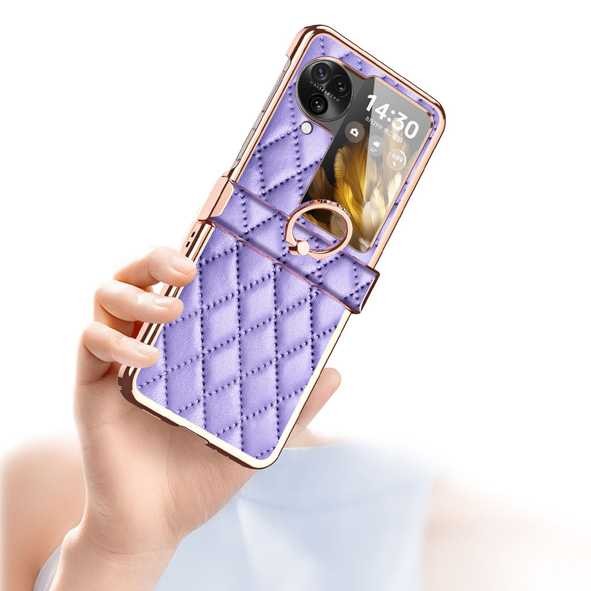 For Oppo Find N3 Flip 5G PU Leather Coated PC Case Electroplating Rhombus Pattern Kickstand Phone Cover