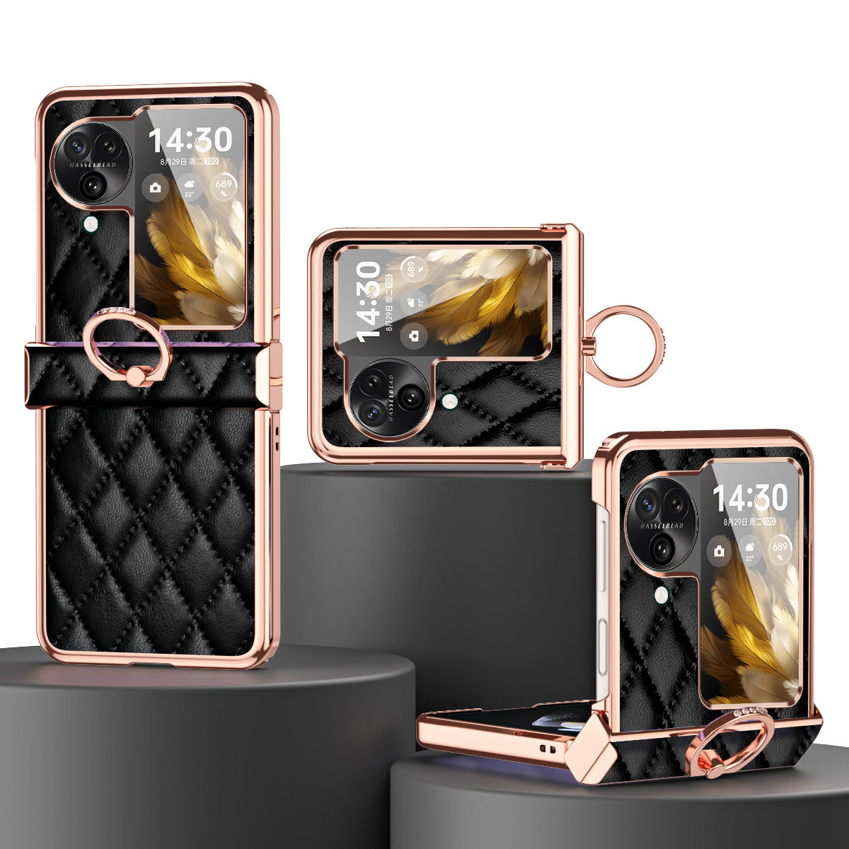 For Oppo Find N3 Flip 5G PU Leather Coated PC Case Electroplating Rhombus Pattern Kickstand Phone Cover