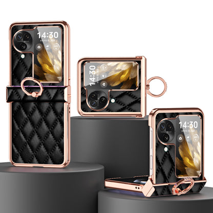For Oppo Find N3 Flip 5G PU Leather Coated PC Case Electroplating Rhombus Pattern Kickstand Phone Cover