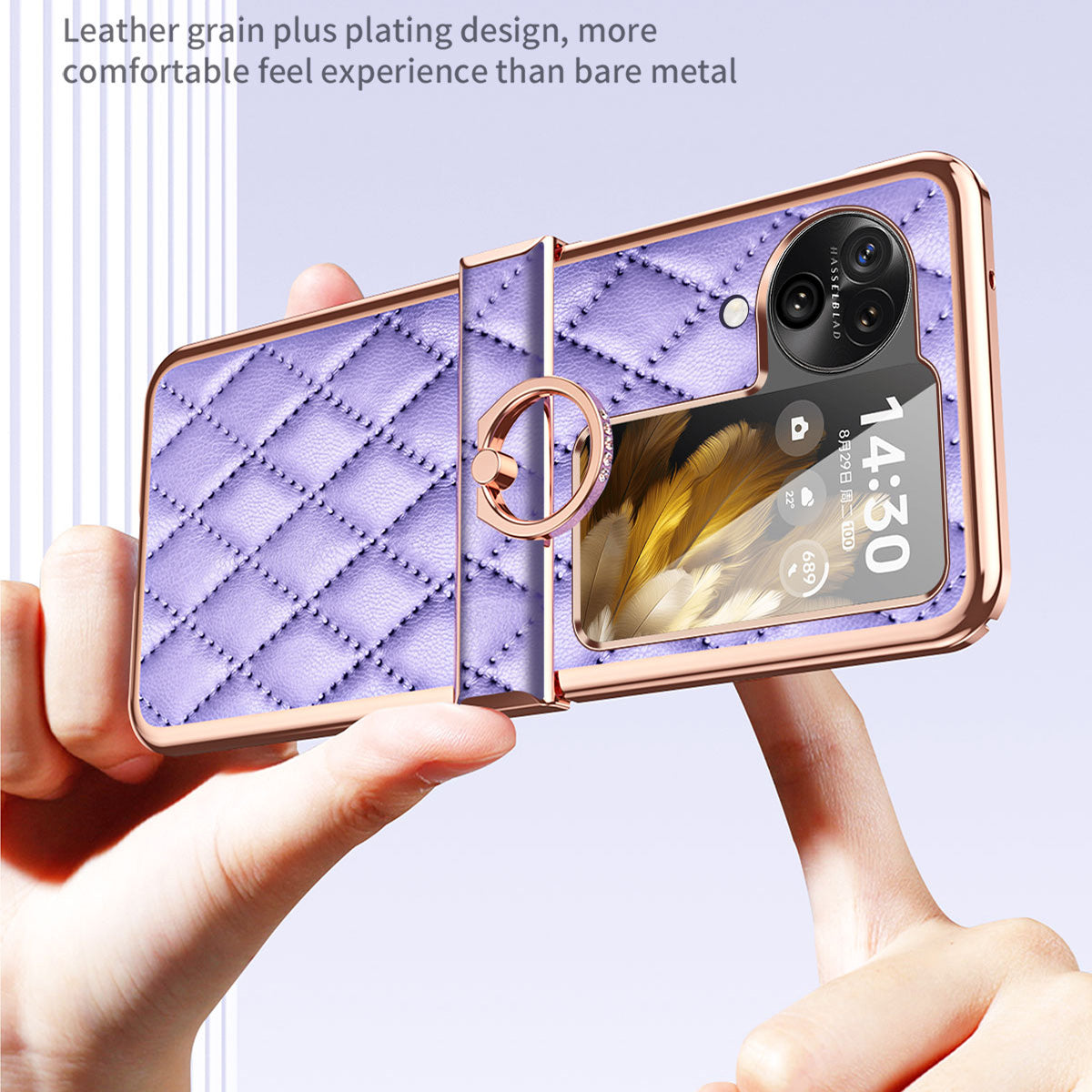 For Oppo Find N3 Flip 5G PU Leather Coated PC Case Electroplating Rhombus Pattern Kickstand Phone Cover