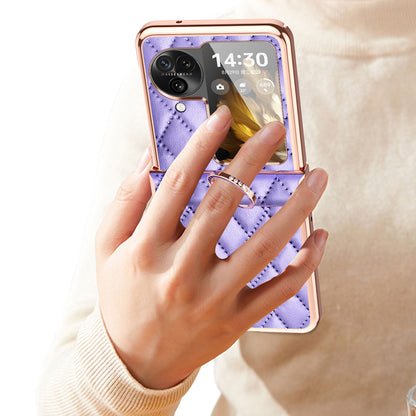 For Oppo Find N3 Flip 5G PU Leather Coated PC Case Electroplating Rhombus Pattern Kickstand Phone Cover