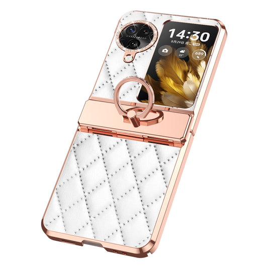 For Oppo Find N3 Flip 5G Imprinted PU+PC Phone Case Rhinestone Ring Kickstand Electroplating Phone Cover