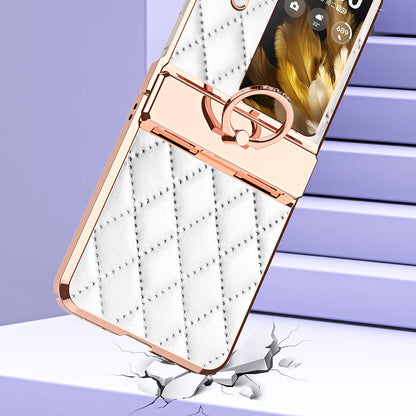 For Oppo Find N3 Flip 5G Imprinted PU+PC Phone Case Rhinestone Ring Kickstand Electroplating Phone Cover