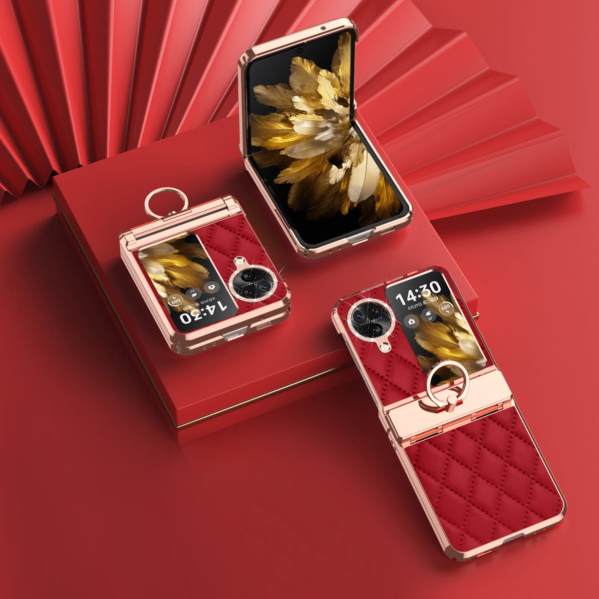 For Oppo Find N3 Flip 5G Imprinted PU+PC Phone Case Rhinestone Ring Kickstand Electroplating Phone Cover