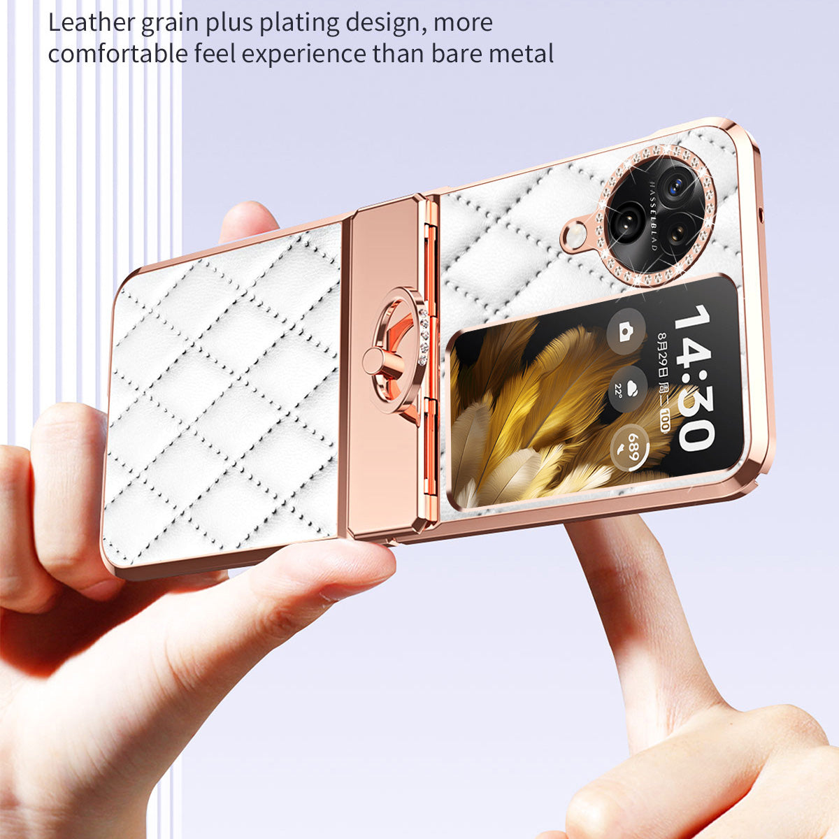 For Oppo Find N3 Flip 5G Imprinted PU+PC Phone Case Rhinestone Ring Kickstand Electroplating Phone Cover