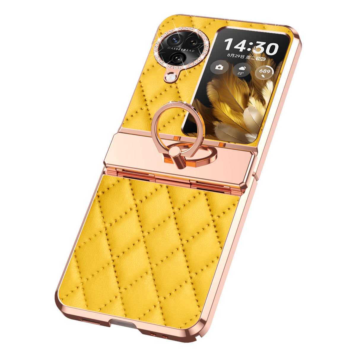 For Oppo Find N3 Flip 5G Imprinted PU+PC Phone Case Rhinestone Ring Kickstand Electroplating Phone Cover