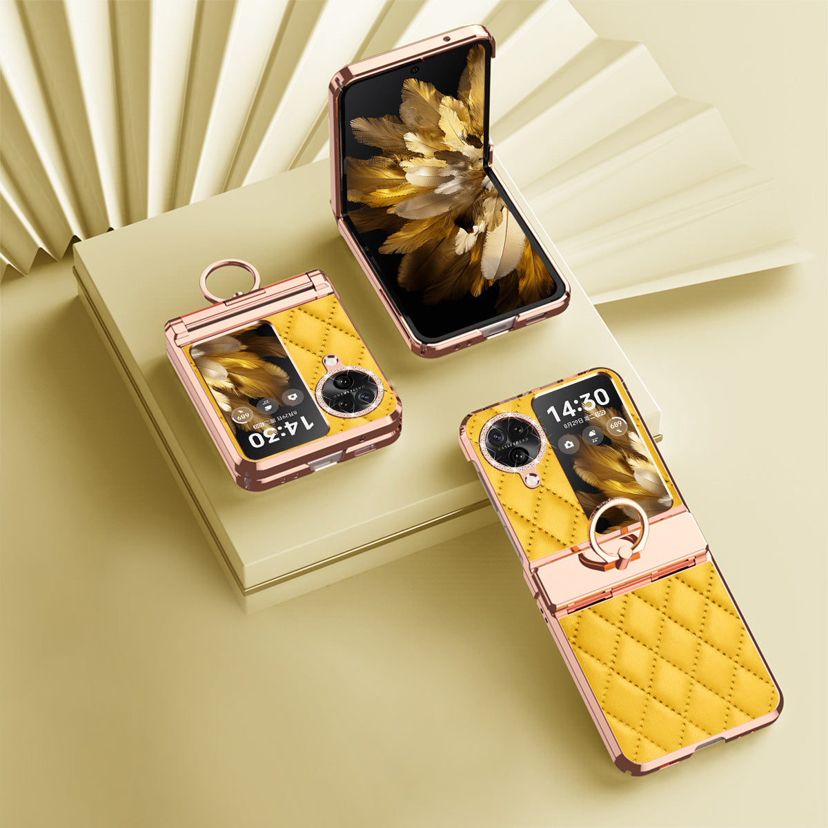 For Oppo Find N3 Flip 5G Imprinted PU+PC Phone Case Rhinestone Ring Kickstand Electroplating Phone Cover