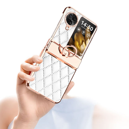 For Oppo Find N3 Flip 5G Imprinted PU+PC Phone Case Rhinestone Ring Kickstand Electroplating Phone Cover