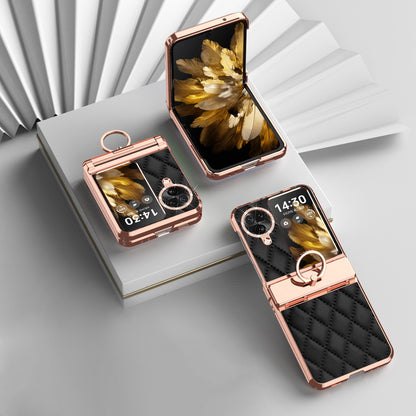 For Oppo Find N3 Flip 5G Imprinted PU+PC Phone Case Rhinestone Ring Kickstand Electroplating Phone Cover