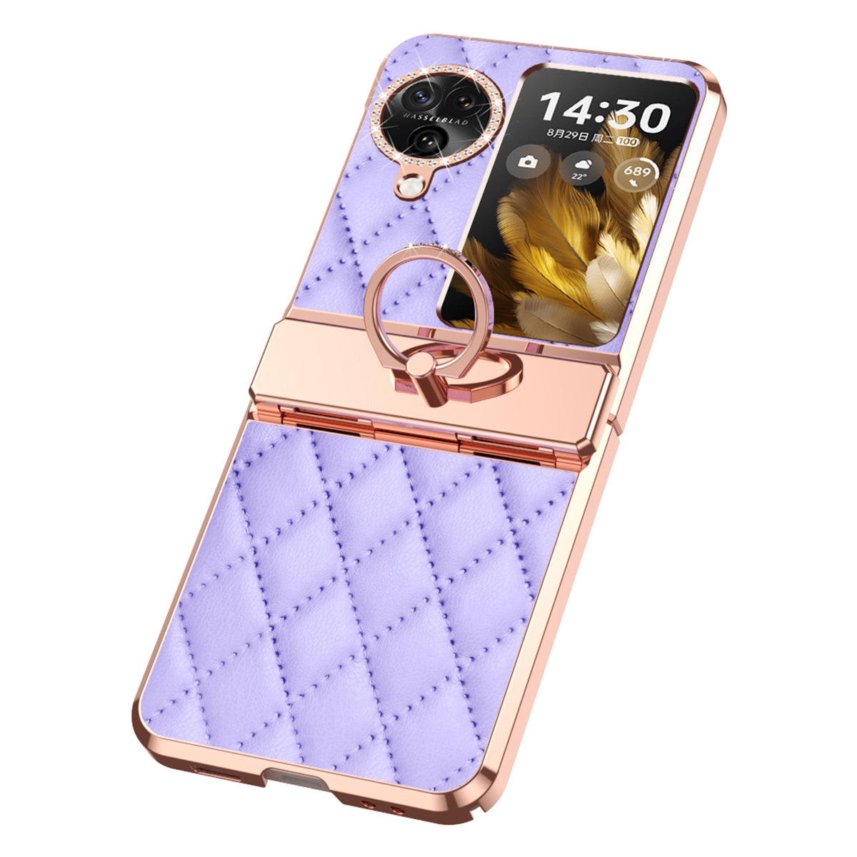 For Oppo Find N3 Flip 5G Imprinted PU+PC Phone Case Rhinestone Ring Kickstand Electroplating Phone Cover