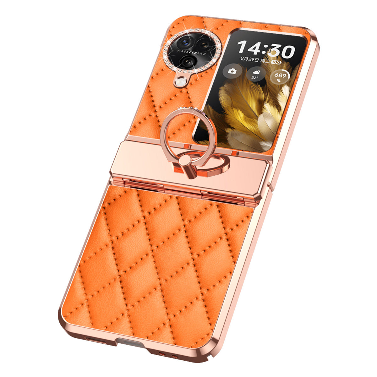 For Oppo Find N3 Flip 5G Imprinted PU+PC Phone Case Rhinestone Ring Kickstand Electroplating Phone Cover