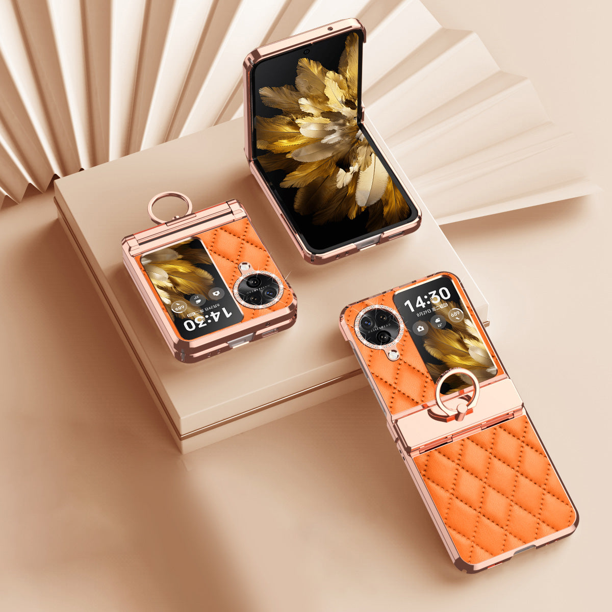 For Oppo Find N3 Flip 5G Imprinted PU+PC Phone Case Rhinestone Ring Kickstand Electroplating Phone Cover