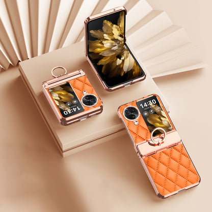 For Oppo Find N3 Flip 5G Imprinted PU+PC Phone Case Rhinestone Ring Kickstand Electroplating Phone Cover