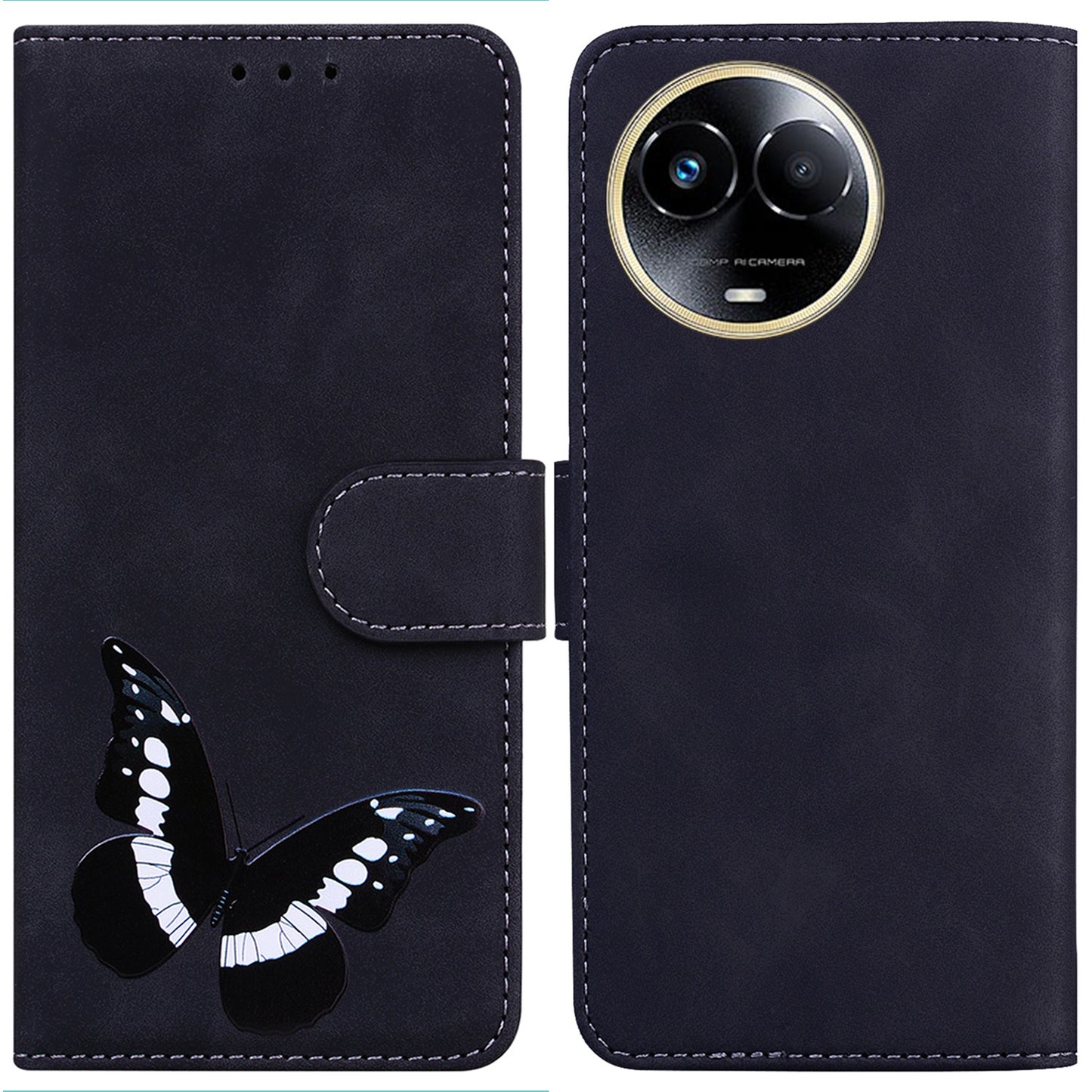 Stand Shell for Realme 11x 5G , PU Leather Flip Cover Butterfly Printing Phone Wallet Case