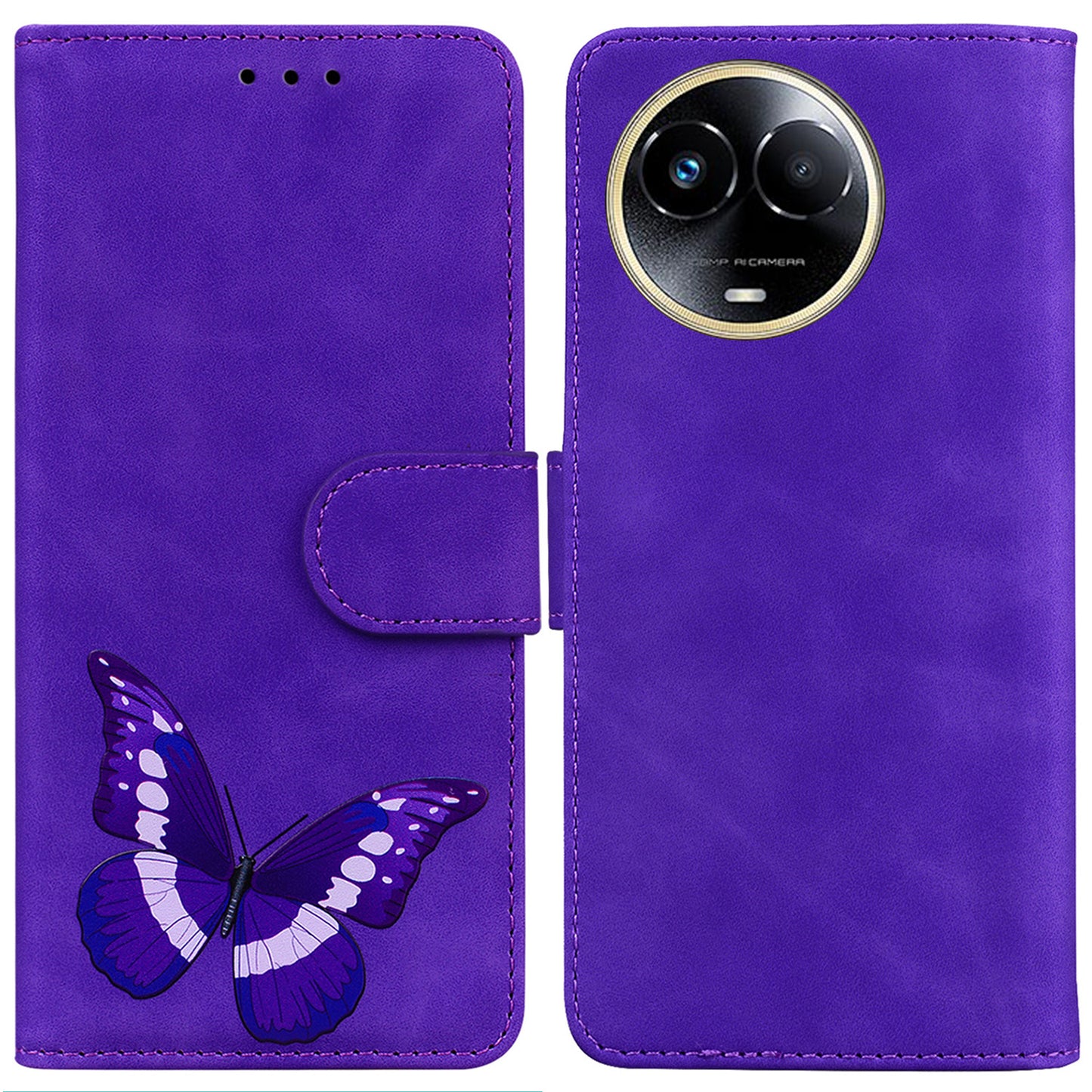 Stand Shell for Realme 11x 5G , PU Leather Flip Cover Butterfly Printing Phone Wallet Case