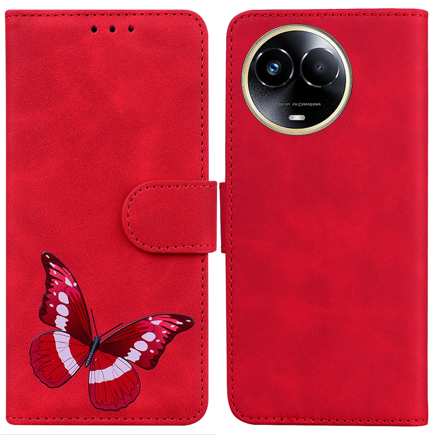 Stand Shell for Realme 11x 5G , PU Leather Flip Cover Butterfly Printing Phone Wallet Case