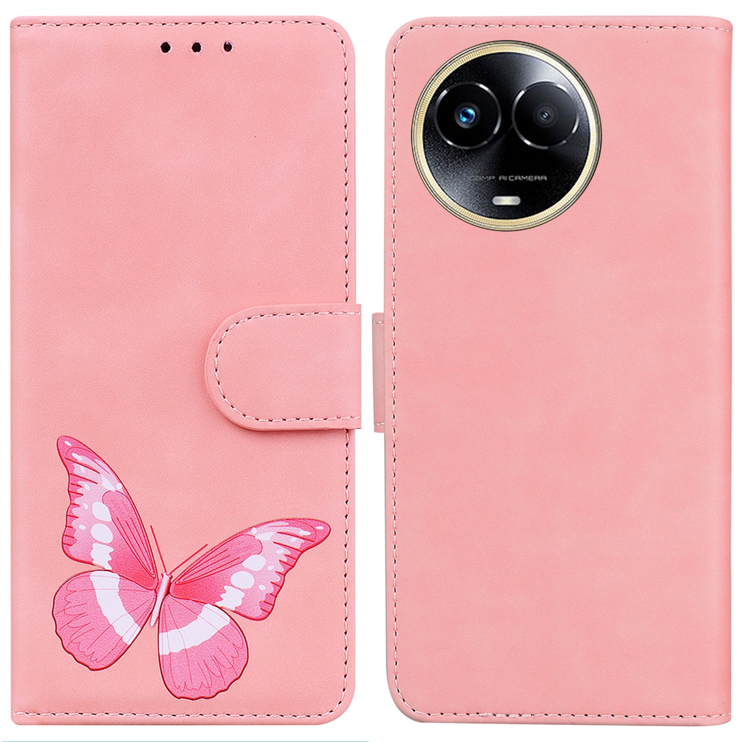 Stand Shell for Realme 11x 5G , PU Leather Flip Cover Butterfly Printing Phone Wallet Case
