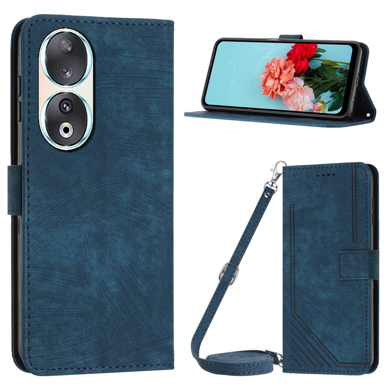 For Honor 90 Case Wallet Stand Crossbody Leather Phone Cover with Shoulder Strap