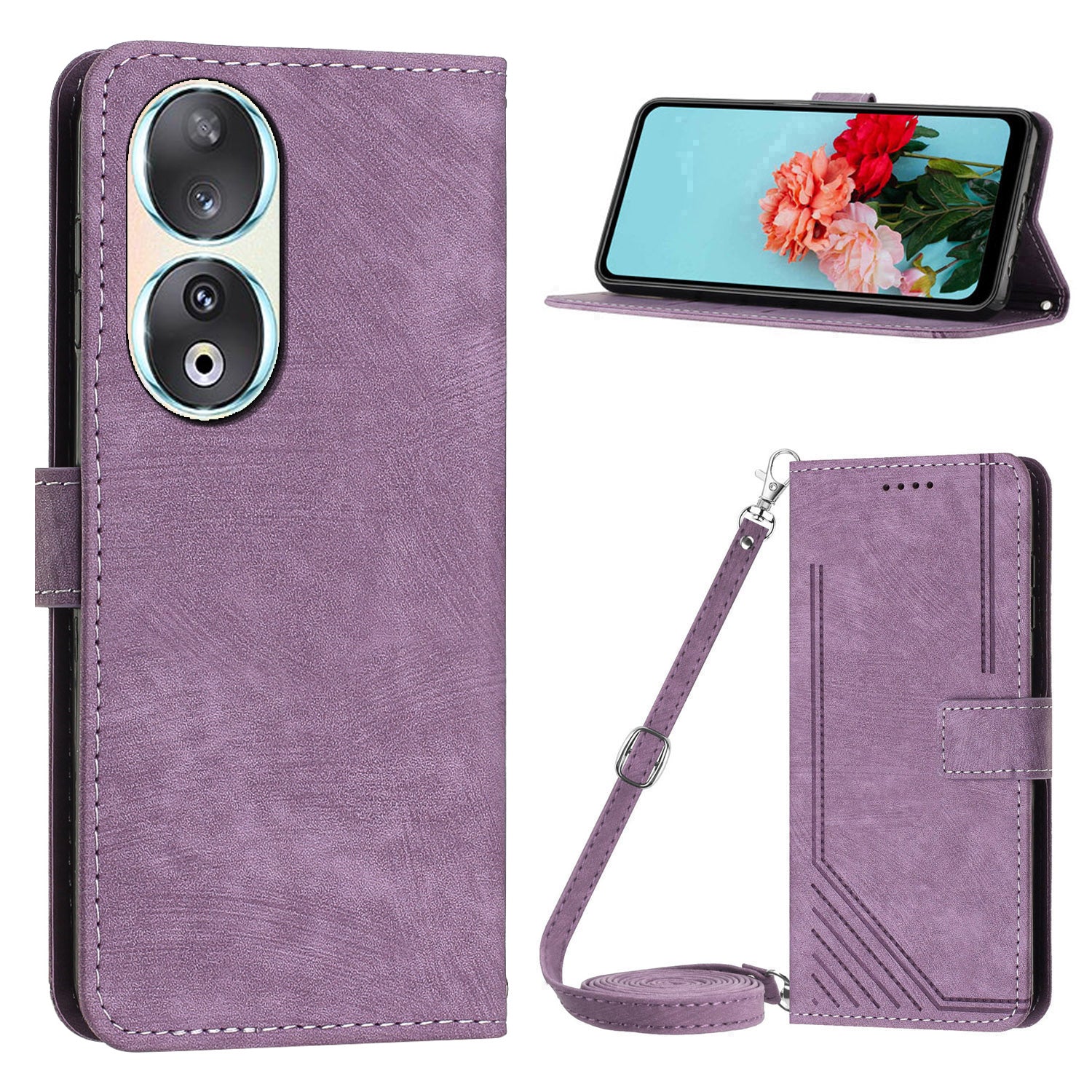 For Honor 90 Case Wallet Stand Crossbody Leather Phone Cover with Shoulder Strap