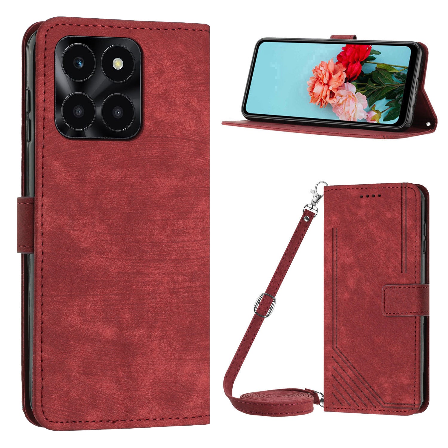 For Honor X6a 4G Case Crossbody PU Leather Phone Cover with Wallet Stand