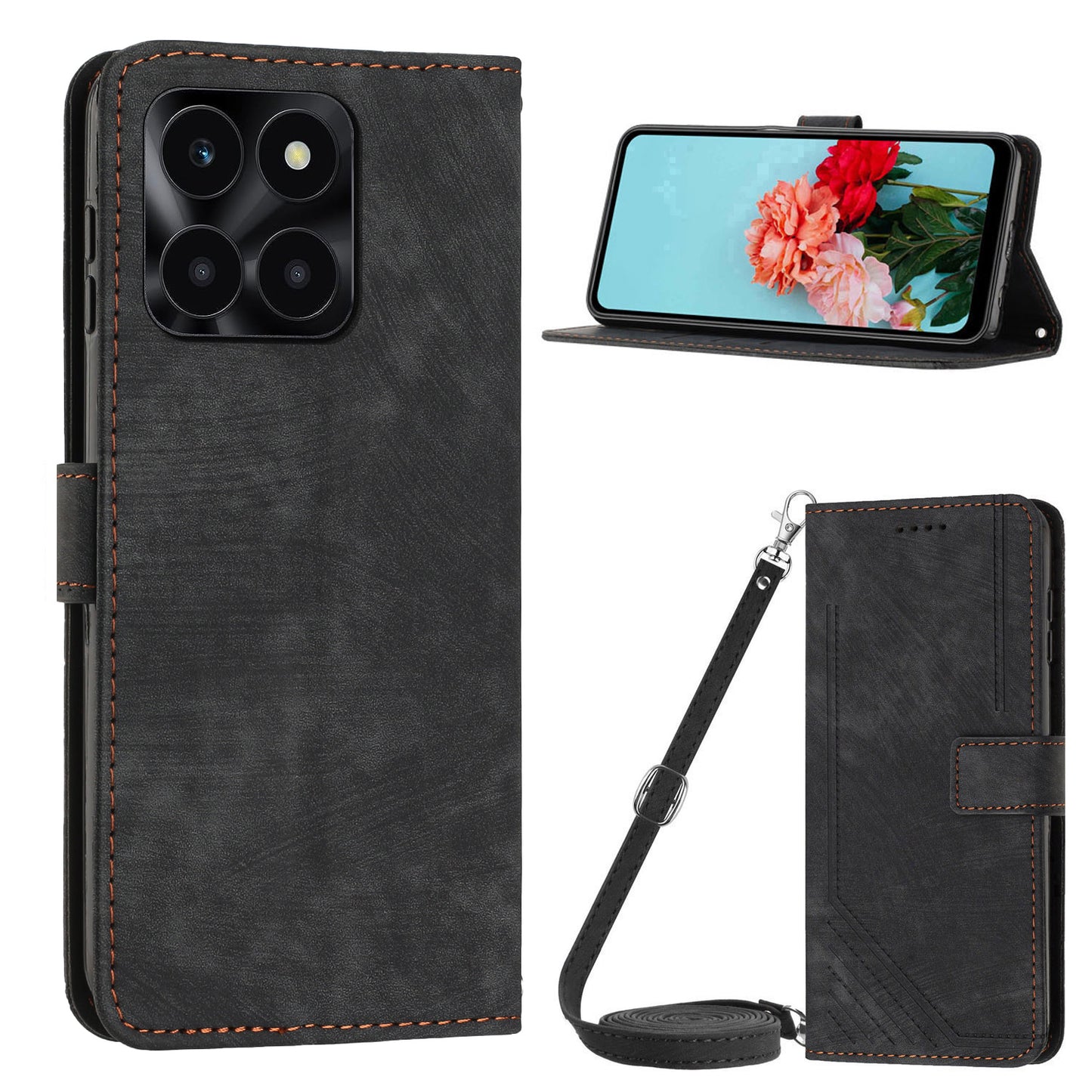 For Honor X6a 4G Case Crossbody PU Leather Phone Cover with Wallet Stand