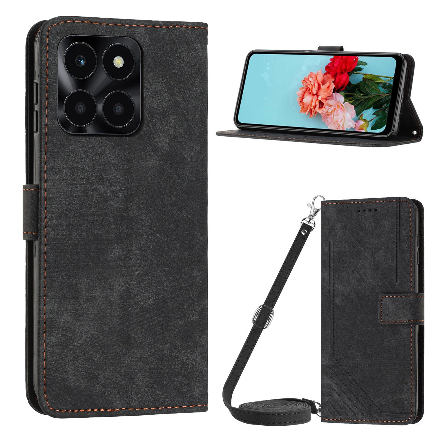 For Honor X6a 4G Case Crossbody PU Leather Phone Cover with Wallet Stand