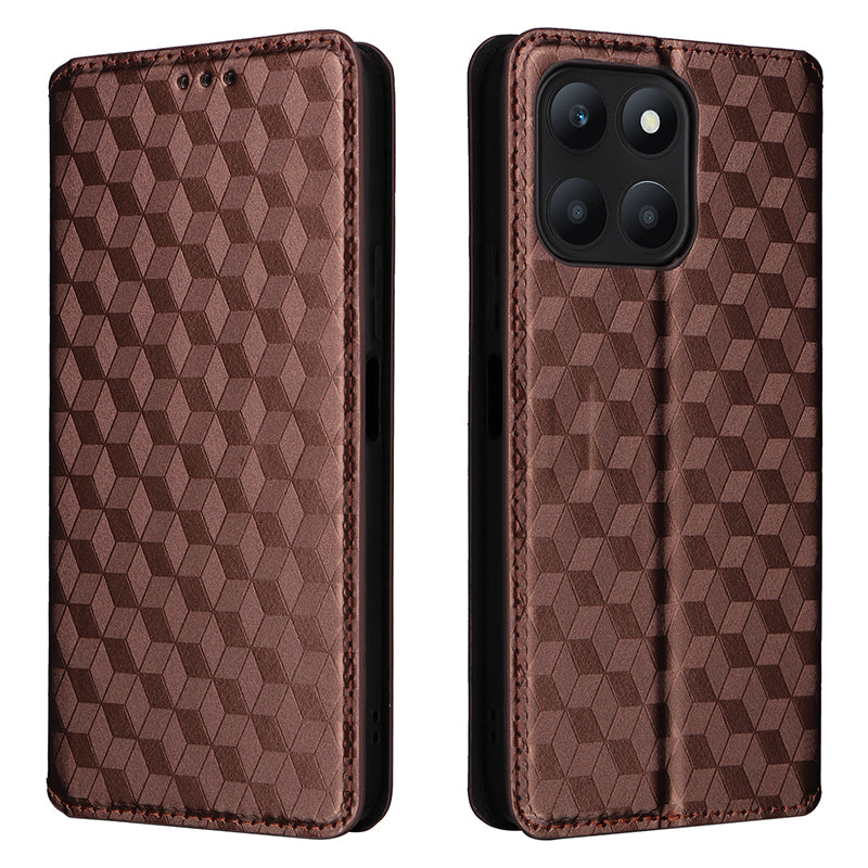 For Honor X6a 4G Slim-Fit PU Leather Stand Cover Rhombus Imprinted Wallet Phone Case Shell