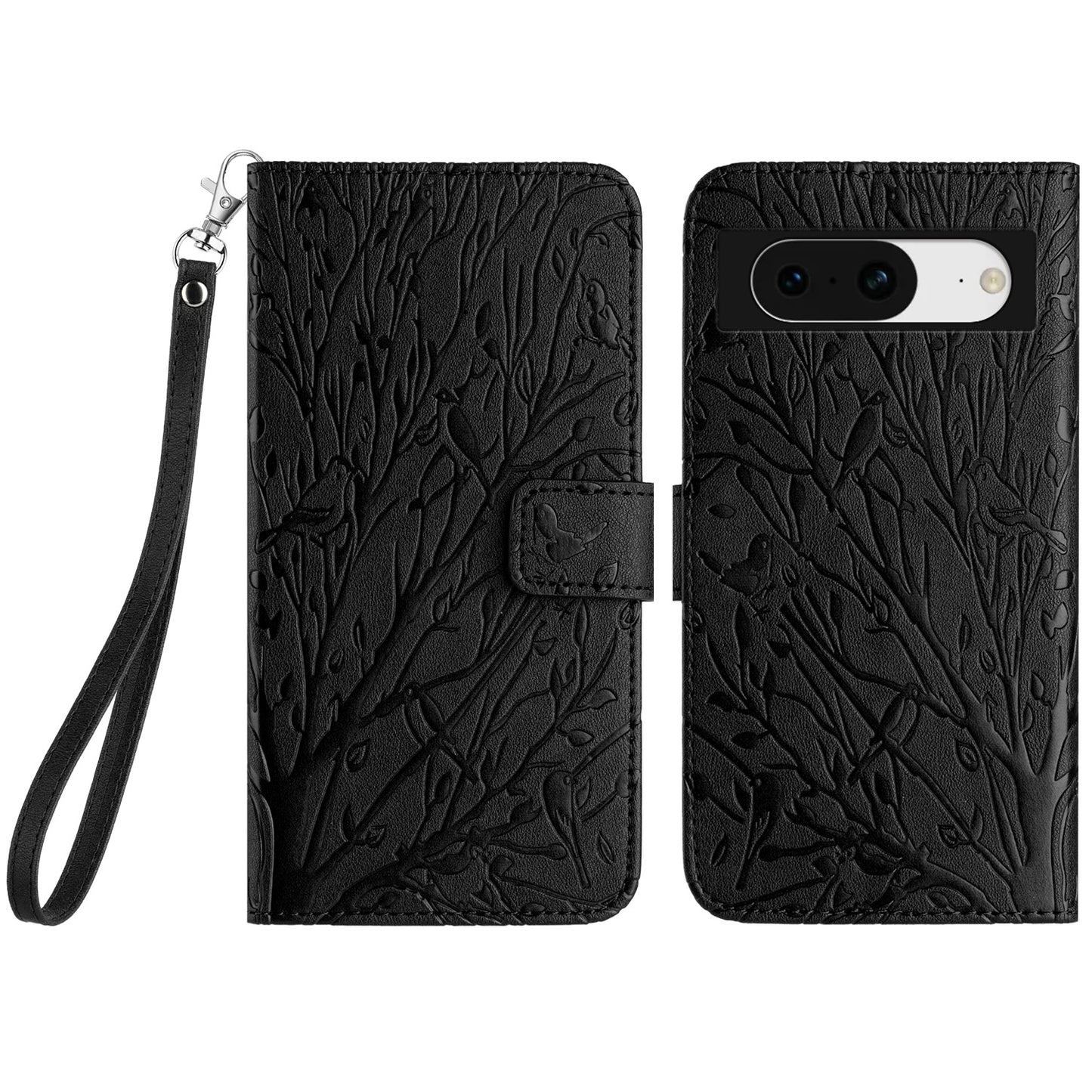 For Google Pixel 8 Leather Case Tree Bird Imprint Flip Stand Wallet Phone Cover