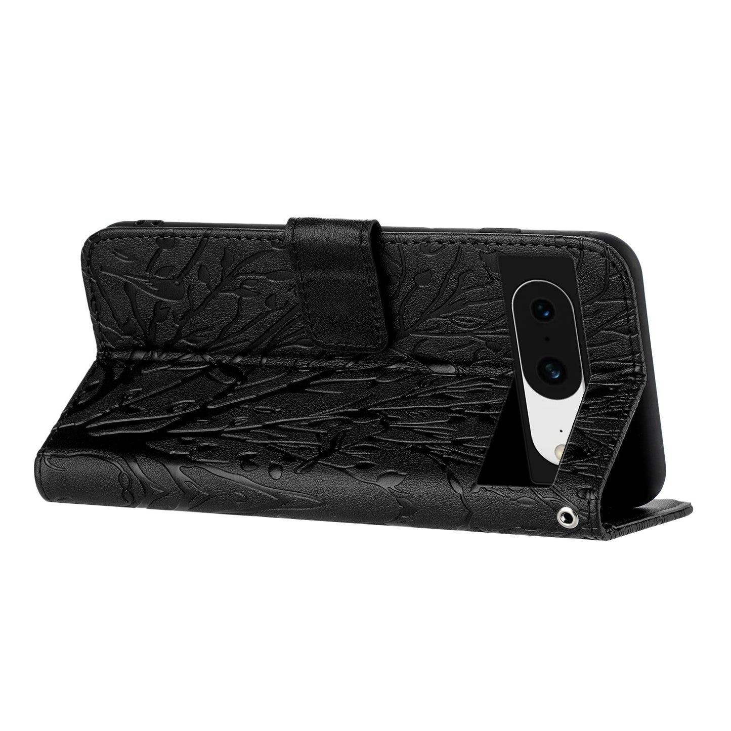 For Google Pixel 8 Leather Case Tree Bird Imprint Flip Stand Wallet Phone Cover