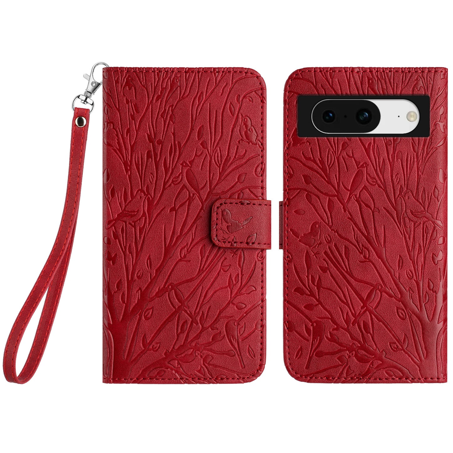 For Google Pixel 8 Leather Case Tree Bird Imprint Flip Stand Wallet Phone Cover