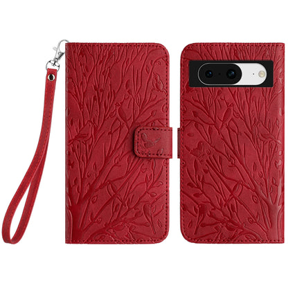 For Google Pixel 8 Leather Case Tree Bird Imprint Flip Stand Wallet Phone Cover