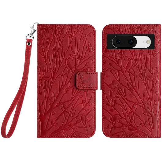For Google Pixel 8 Leather Case Tree Bird Imprint Flip Stand Wallet Phone Cover