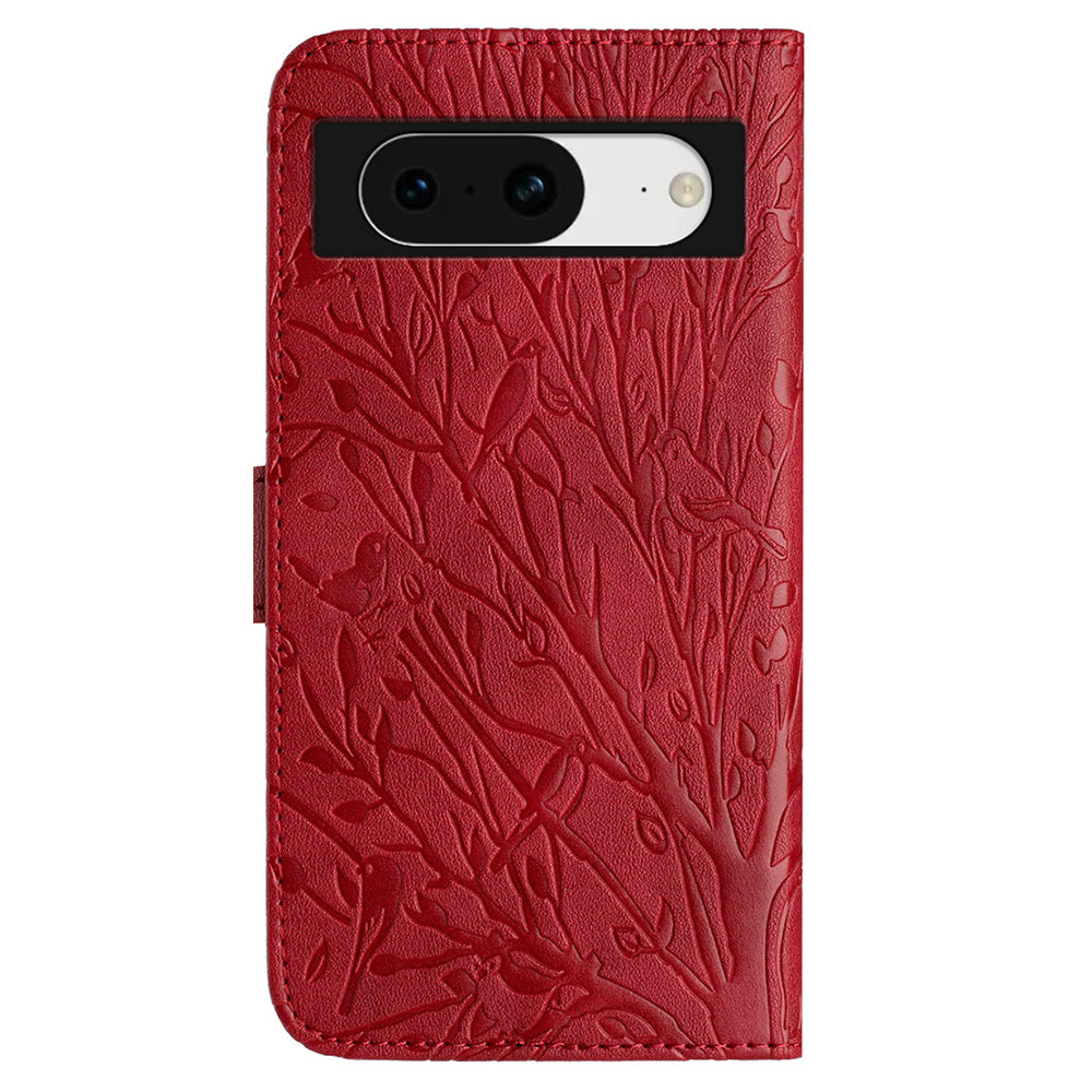 For Google Pixel 8 Leather Case Tree Bird Imprint Flip Stand Wallet Phone Cover