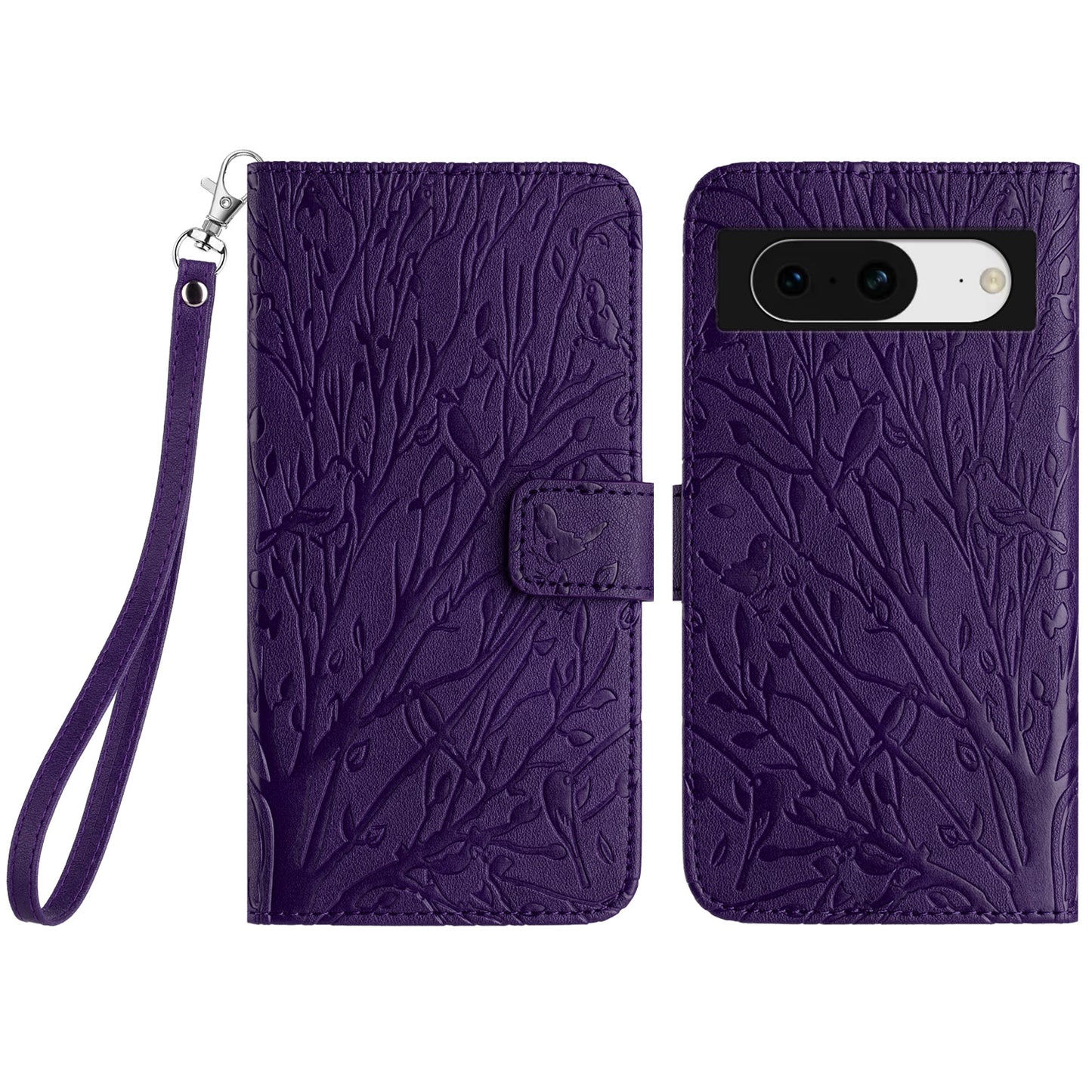 For Google Pixel 8 Leather Case Tree Bird Imprint Flip Stand Wallet Phone Cover