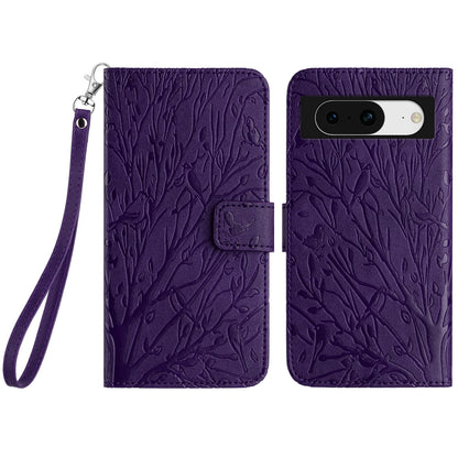 For Google Pixel 8 Leather Case Tree Bird Imprint Flip Stand Wallet Phone Cover