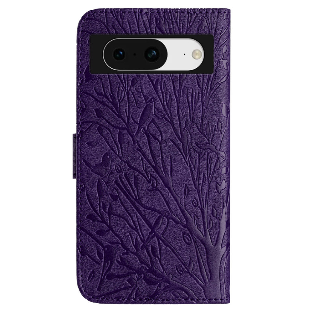 For Google Pixel 8 Leather Case Tree Bird Imprint Flip Stand Wallet Phone Cover