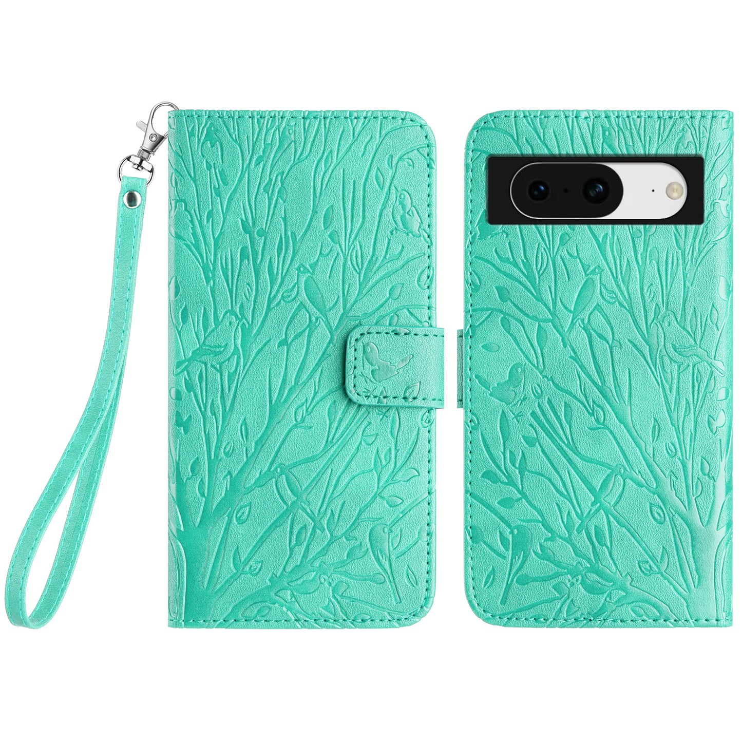For Google Pixel 8 Leather Case Tree Bird Imprint Flip Stand Wallet Phone Cover