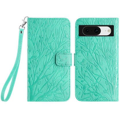 For Google Pixel 8 Leather Case Tree Bird Imprint Flip Stand Wallet Phone Cover