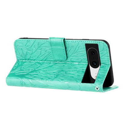 For Google Pixel 8 Leather Case Tree Bird Imprint Flip Stand Wallet Phone Cover