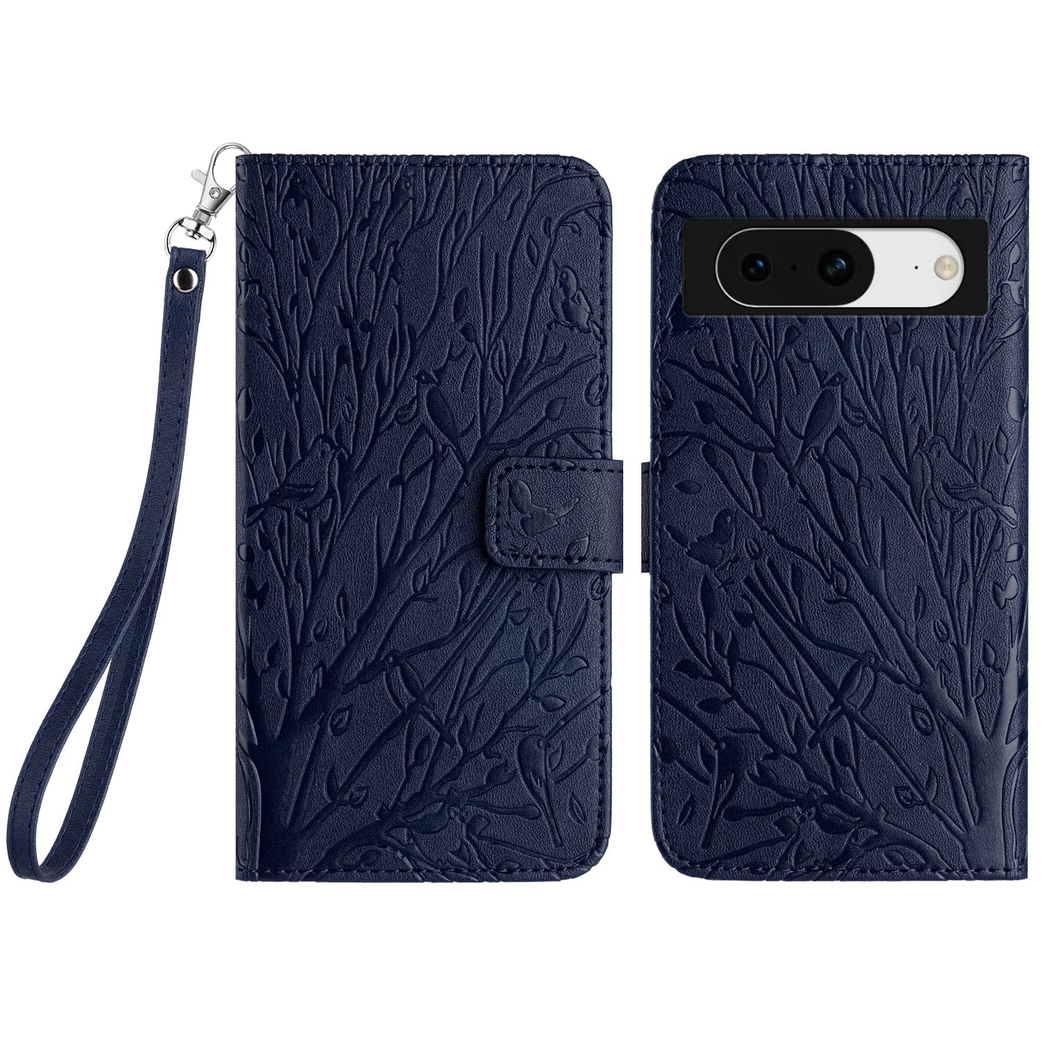 For Google Pixel 8 Leather Case Tree Bird Imprint Flip Stand Wallet Phone Cover