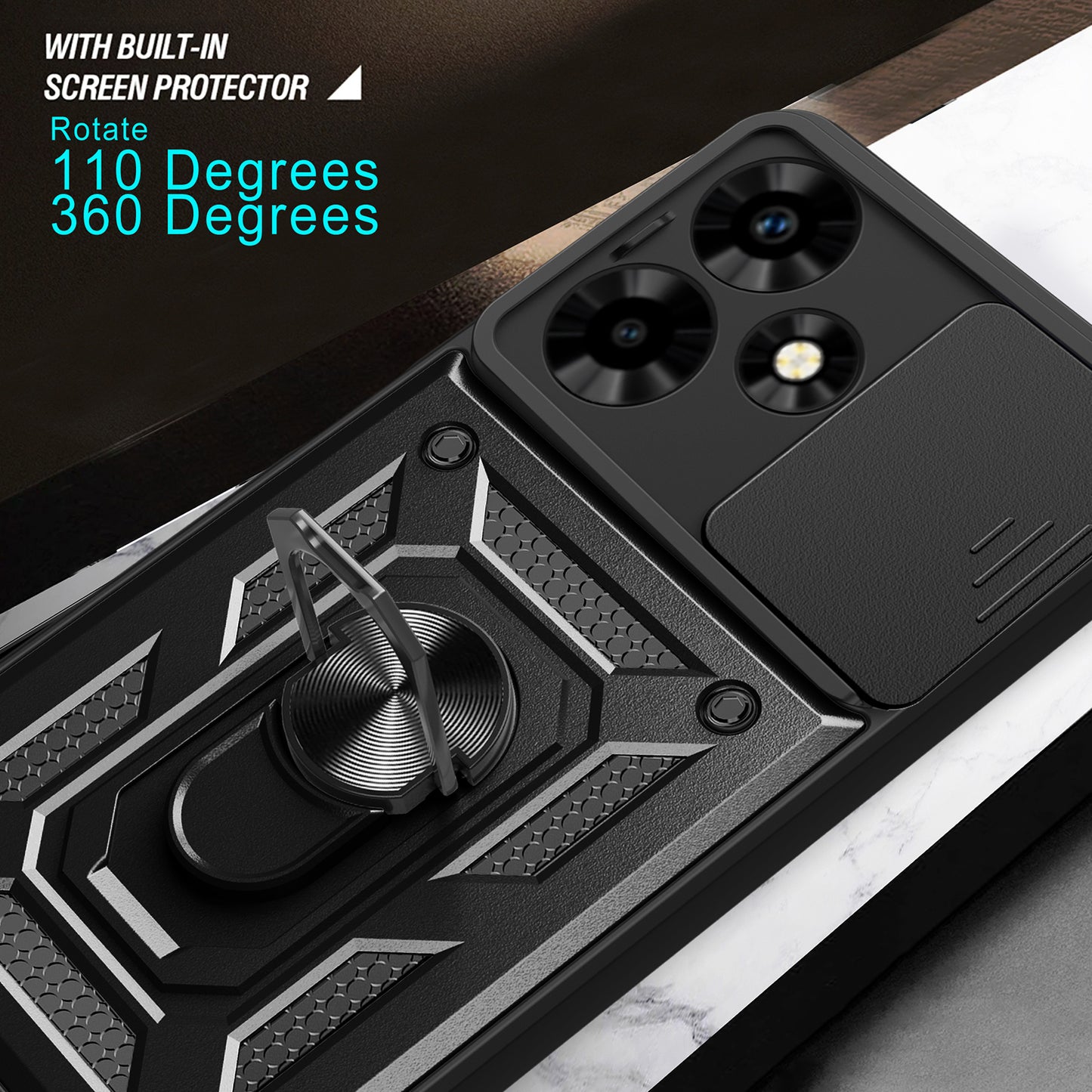 For Infinix Hot 30 Back Case Slide Lens Lid PC+TPU Kickstand Phone Cover