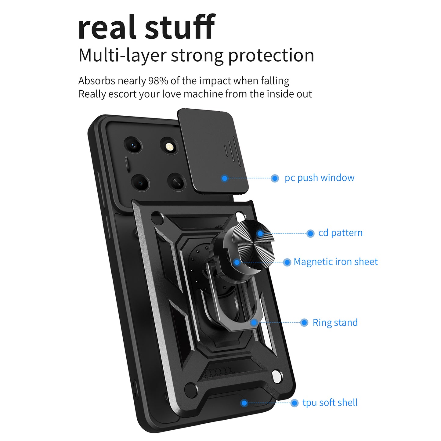 For Infinix Note 30i 4G Cover PC+TPU Slide Lens Guard Phone Case with Kickstand